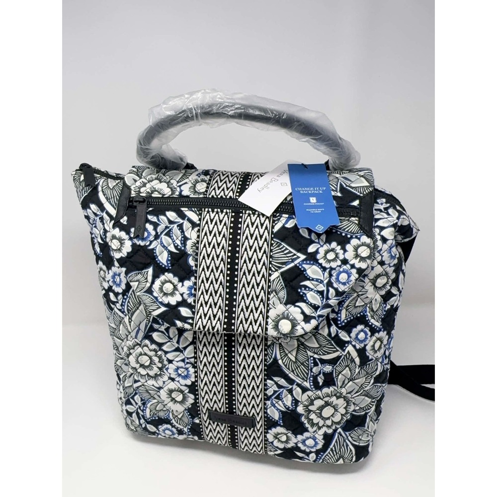 NEW VERA BRADLEY Change It Up Backpack Snow Lotus 22519-I66 Black‎ White Blue